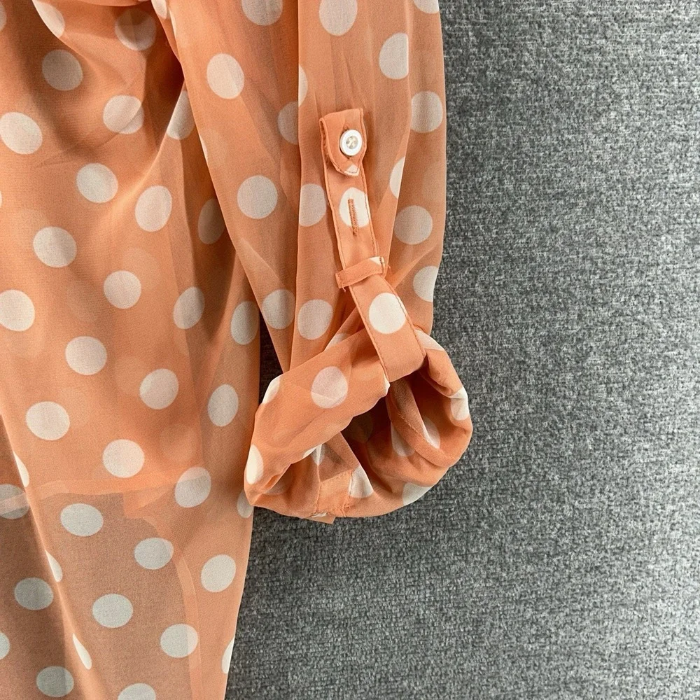 Free People Blouse Top Women Size XS Peach Polka Dot Roll Tab Sleeve